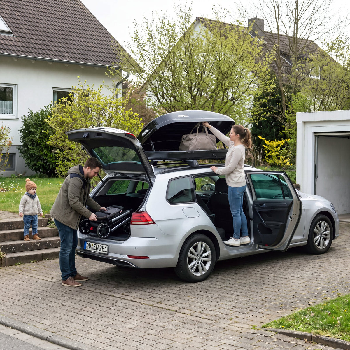 OWEN® ROWA Dachbox 320L auf einem Kombi beim Beladen mit der Familie