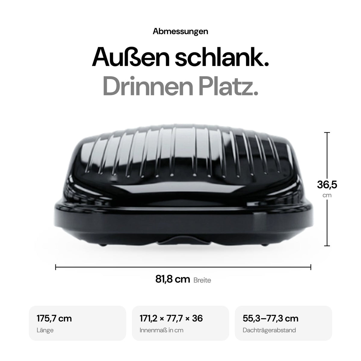 OWEN® ROWA Dachbox 440L – Abmessungen: 175,7 × 81,8 × 36,5 cm