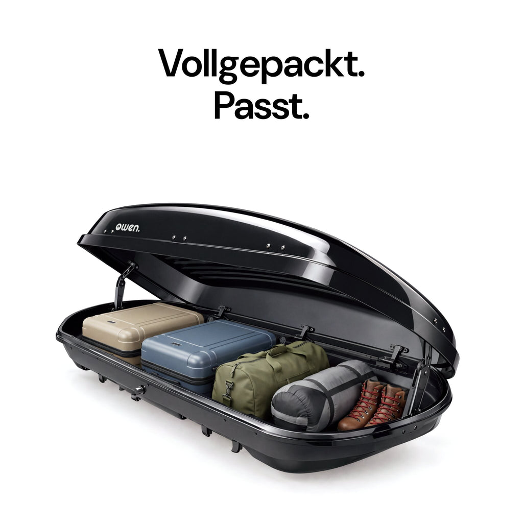 OWEN® ROWA Dachbox 440L beladen mit Koffern und Taschen