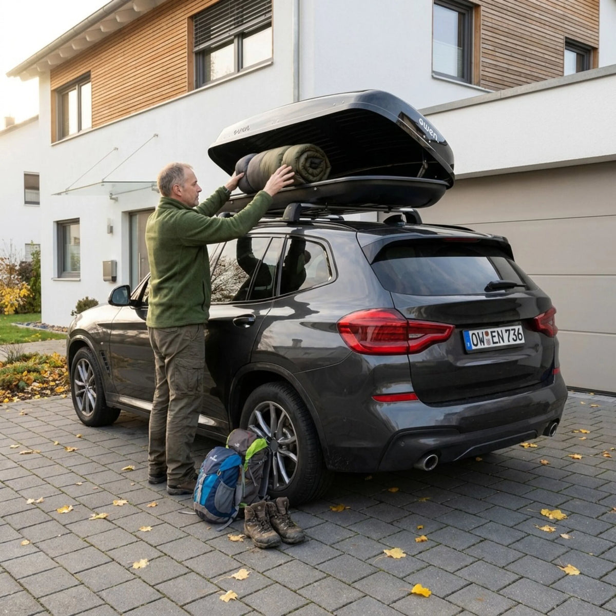 OWEN® ROWA Dachbox 440L auf einem SUV beim Beladen in der Einfahrt
